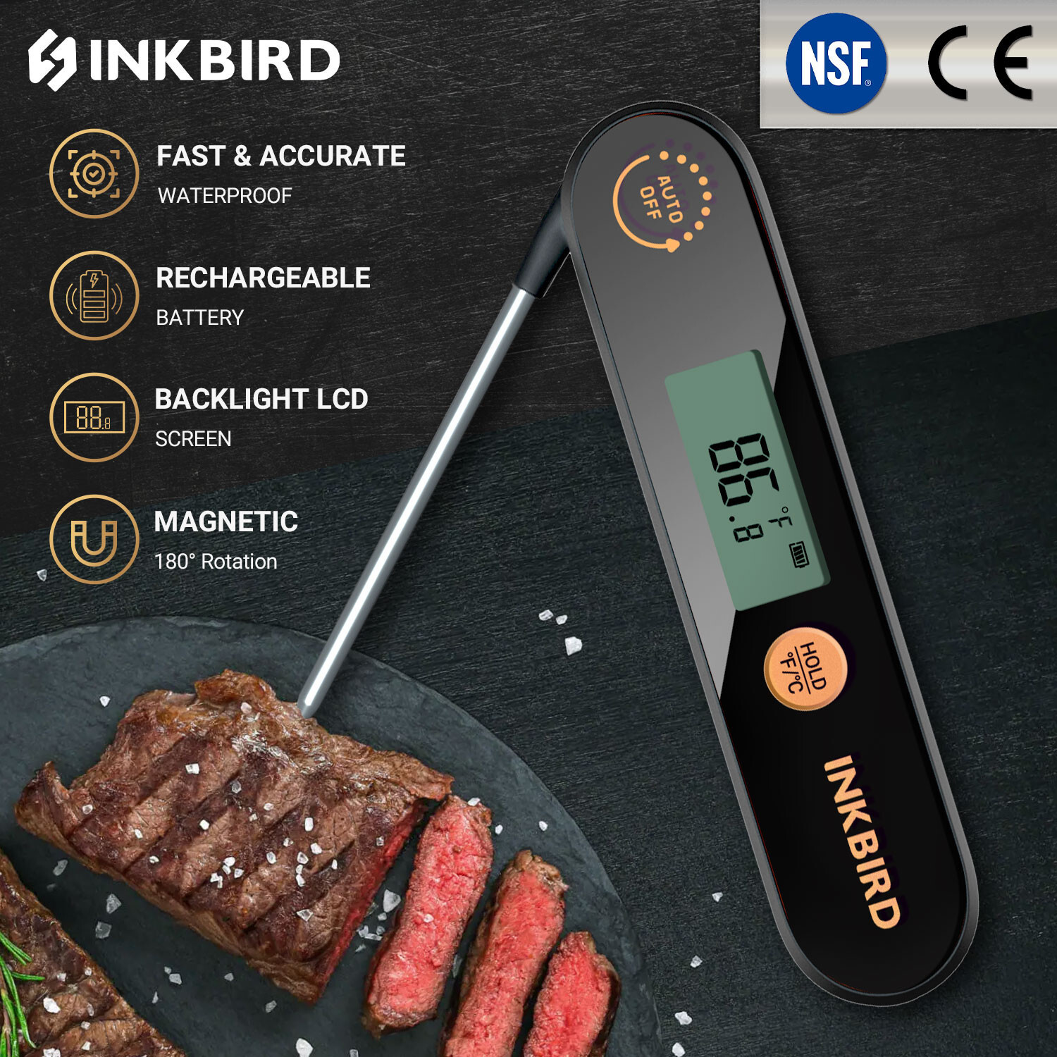 INKBIRD Rechargeable Meat Thermometer Temperature Pen -50 300℃ Magnetic Back CF