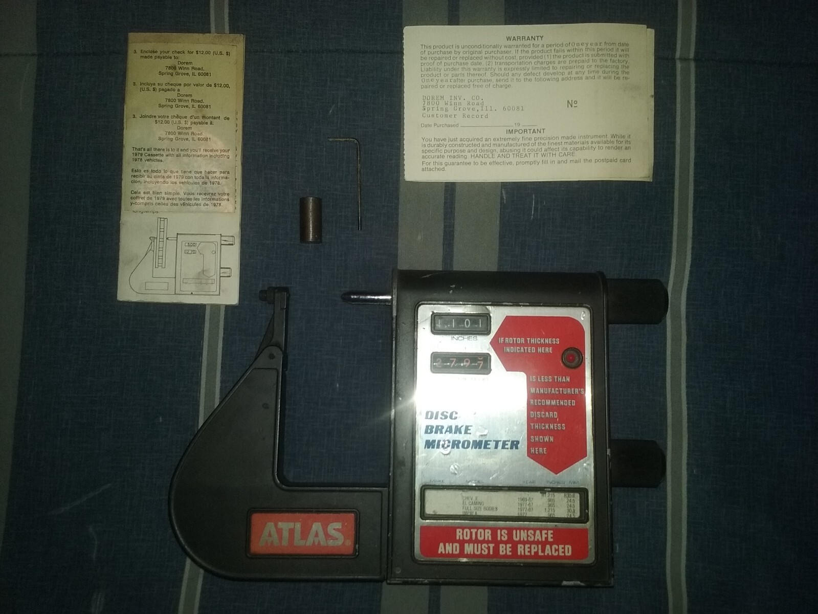 "Garage prop" Vintage Atlas Disc Brake Micrometer Cassette papers + case