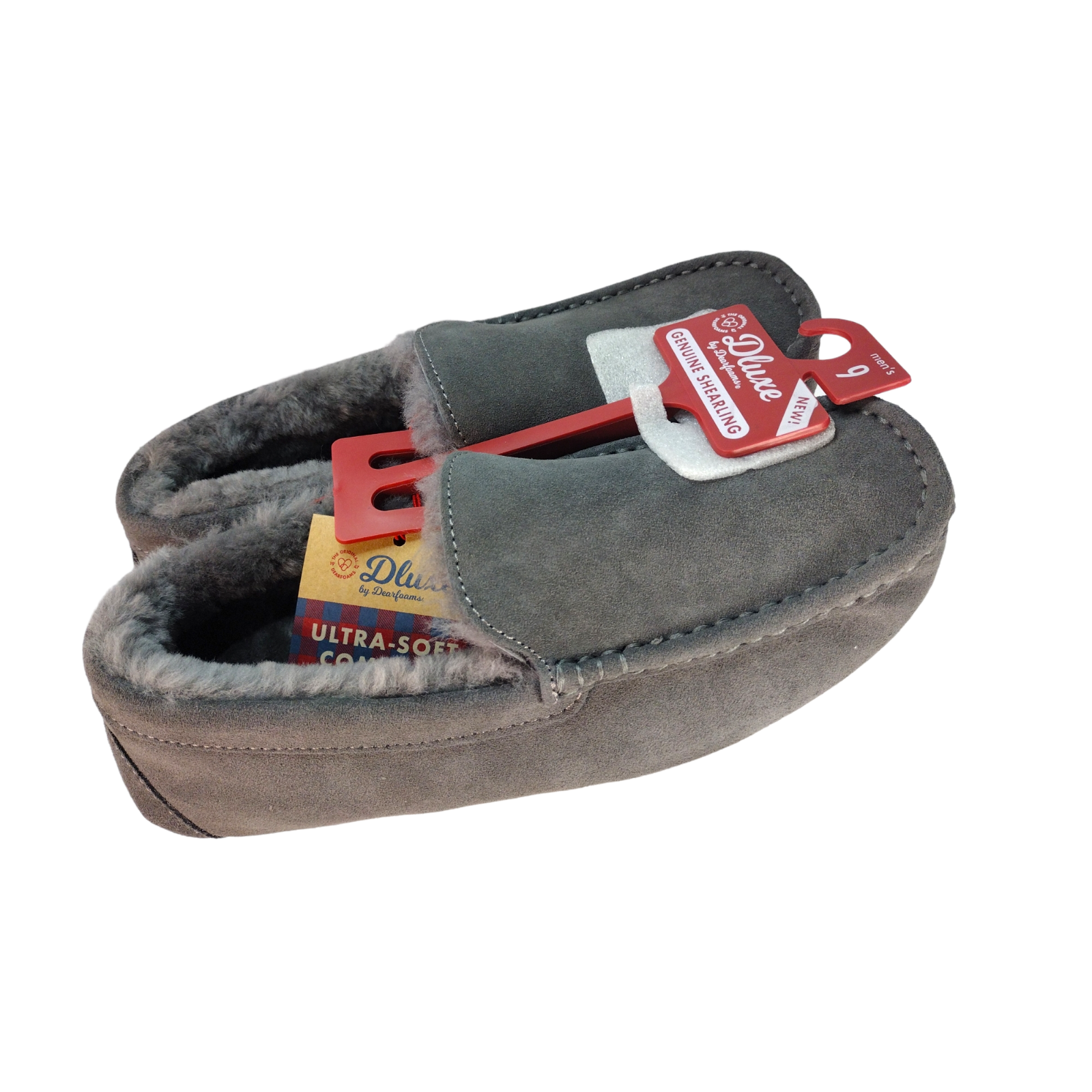 2 Pairs Men's dluxe by dearfoams Genuine Shearling Moccasin Slippers Size 9 Gray