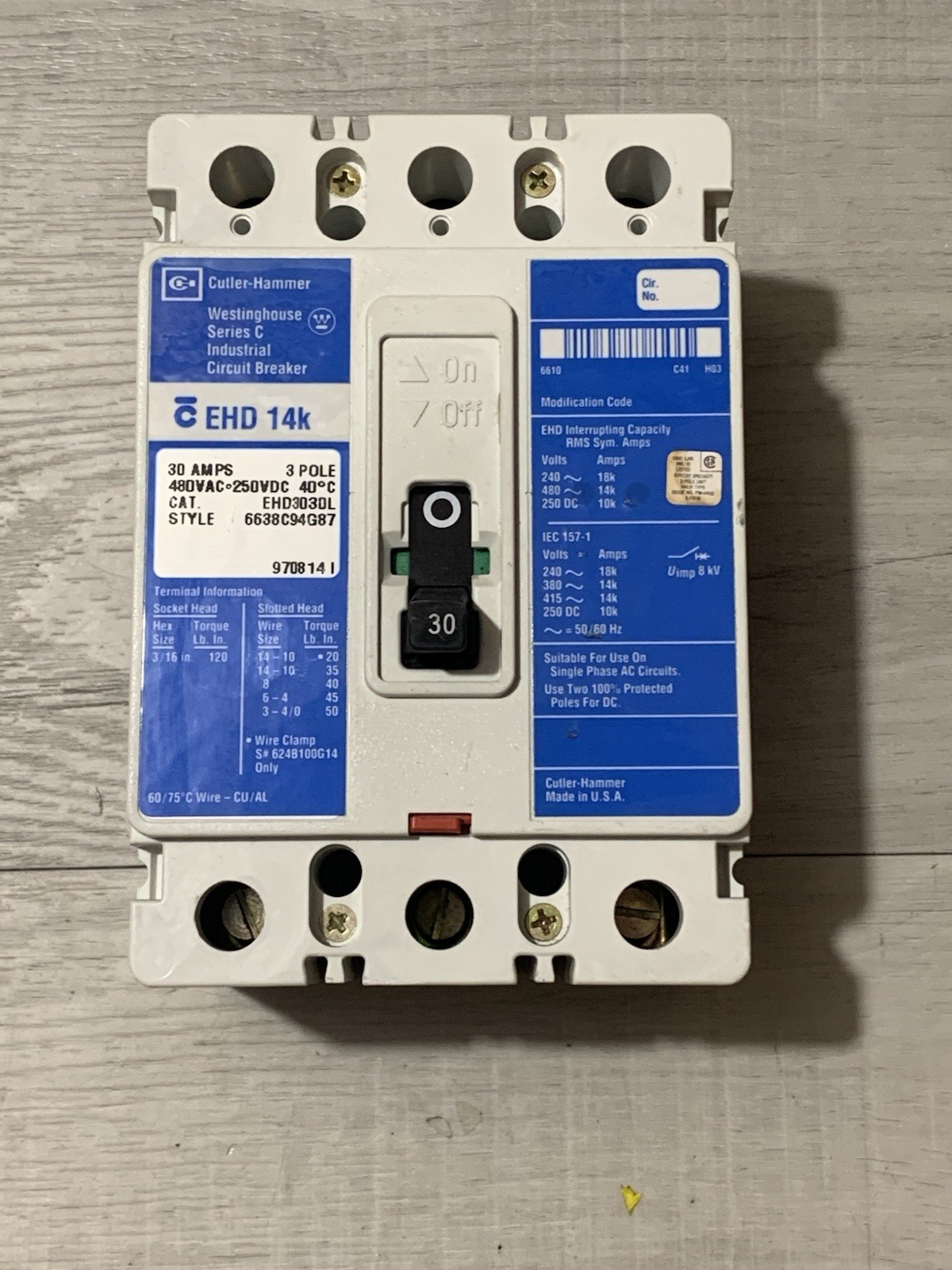 Cutler Hammer EHD3030L Circuit Breaker 30A 3P 480V EHD 14k 3 pole 30 Amp