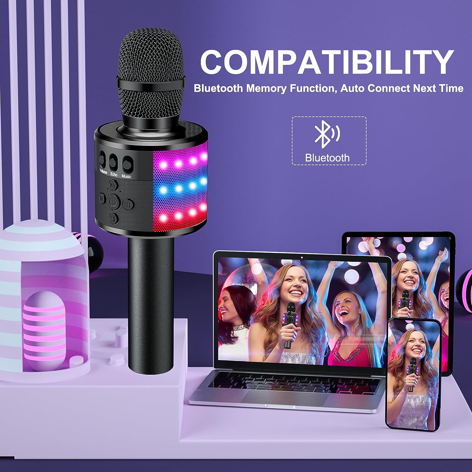 Microfono De Karaoke Bluetooth Luces Disco Efecto Eco Portatil Para Niños Negro