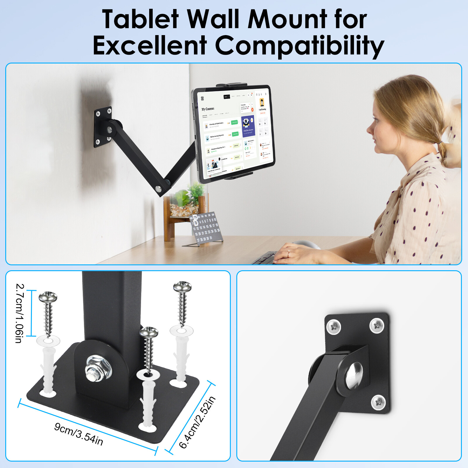 Tablet Wall Mount 360° Rotating Foldable Phone Holder for 4.7-13" iPad iPhone