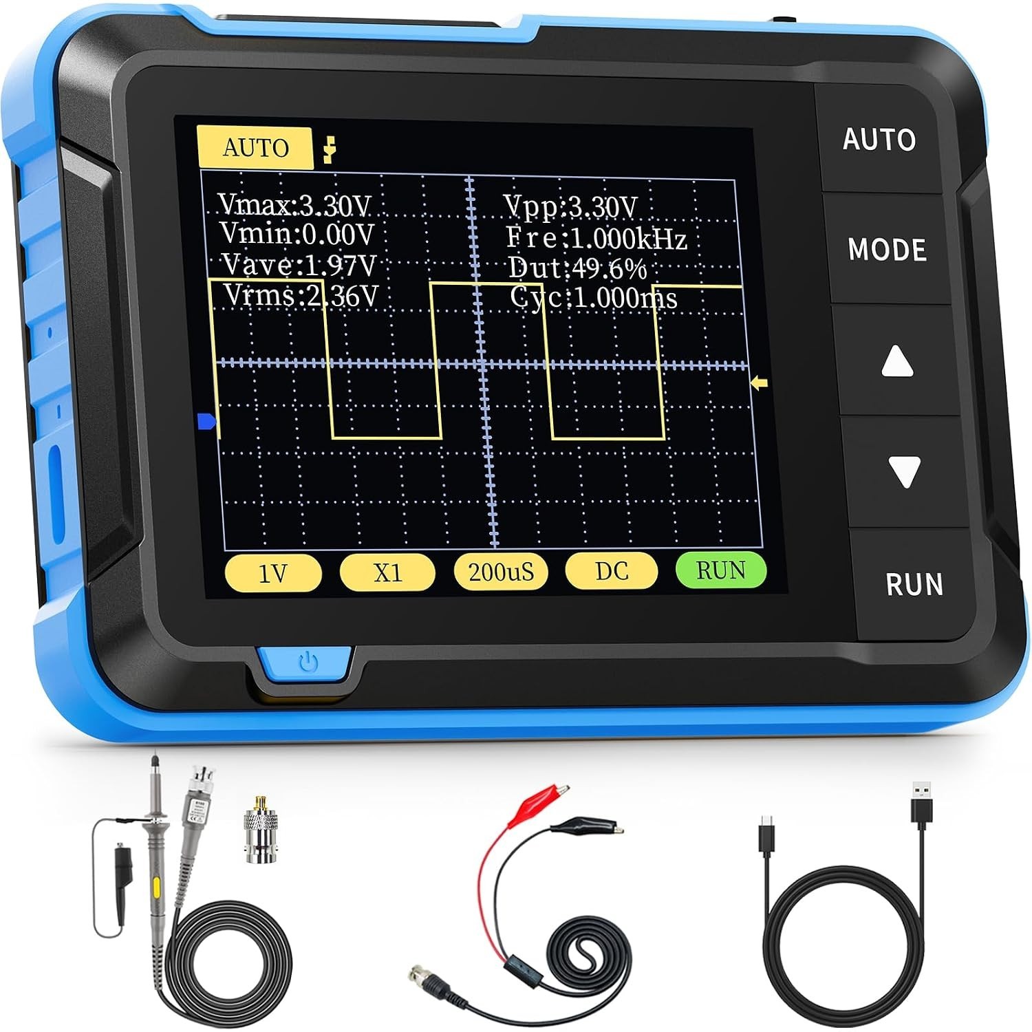 Compact Oscilloscope with 2.5MS/s Sampling Rate and 10x Probe for Measurements