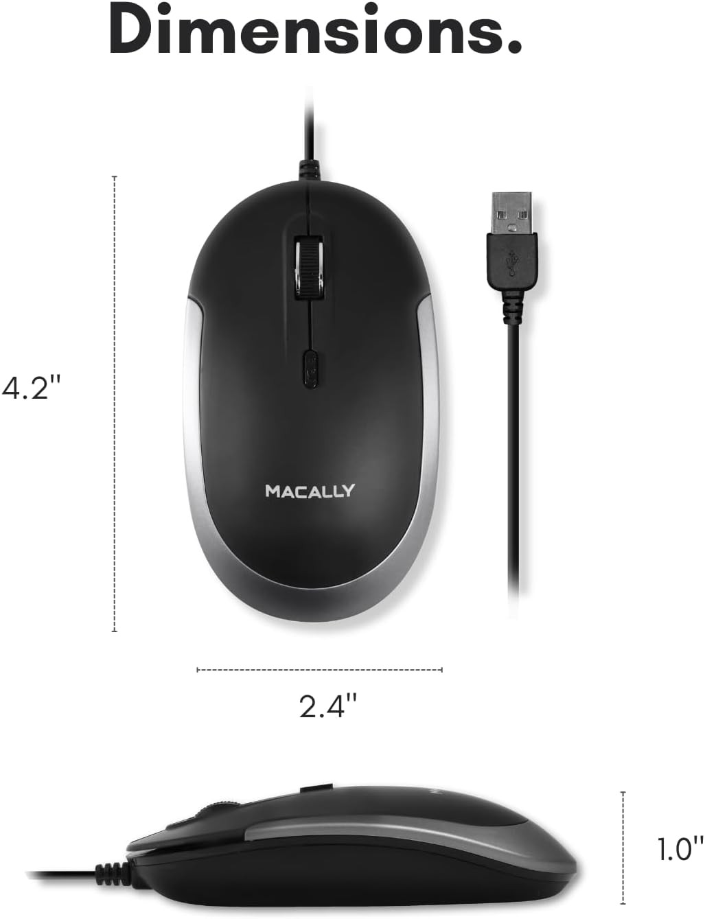 Macally Silent Wired Mouse - Slim & Compact USB Black with Space Gray Trim