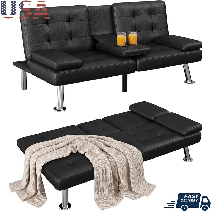 Adjustable Folding Futon Sofa Bed W/ Dual Cup Holders Living Room Guest Room New