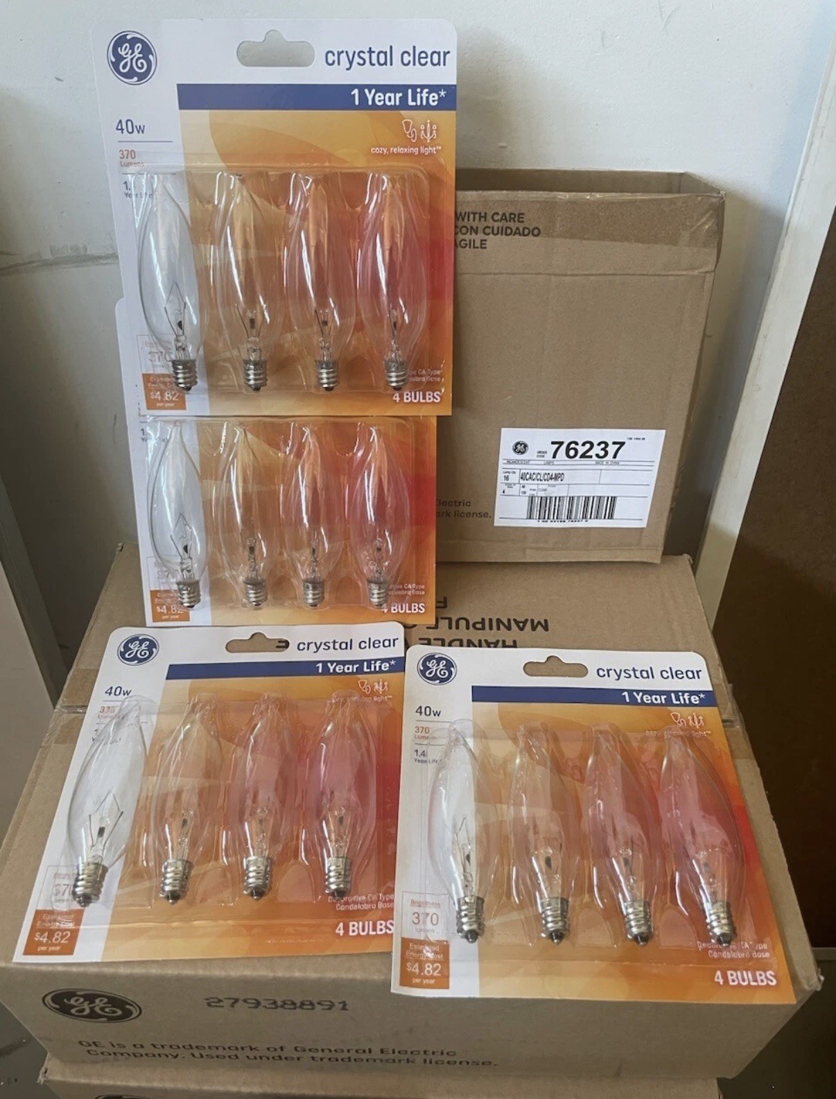 GE 40 Watt Crystal Clear Bent Tip CA-Type Light Bulbs w/Candelabra Base 16 Pack