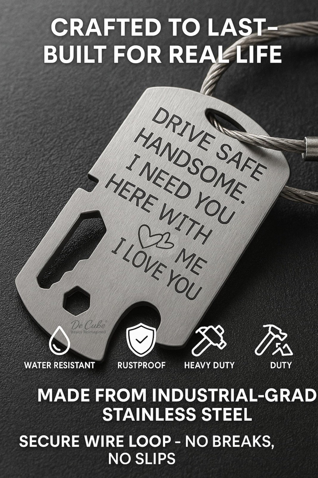 De Cube Drive Safe Handsome Keychain Multi Tool | 6-in-1 Stainless Silver