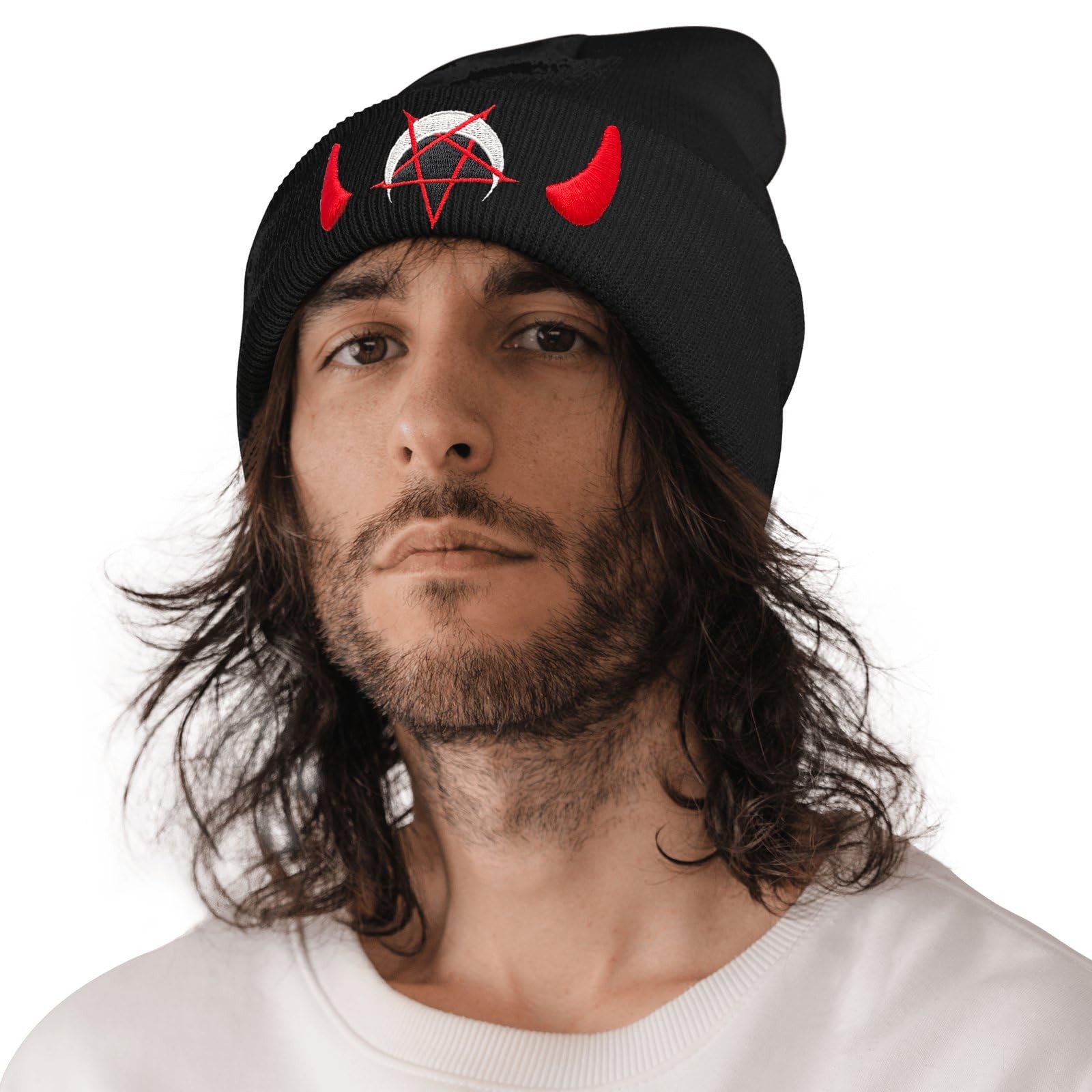Goth Spooky Horror Demon Devil Horned Embroidery Beanie Black Knit Hat for Me...
