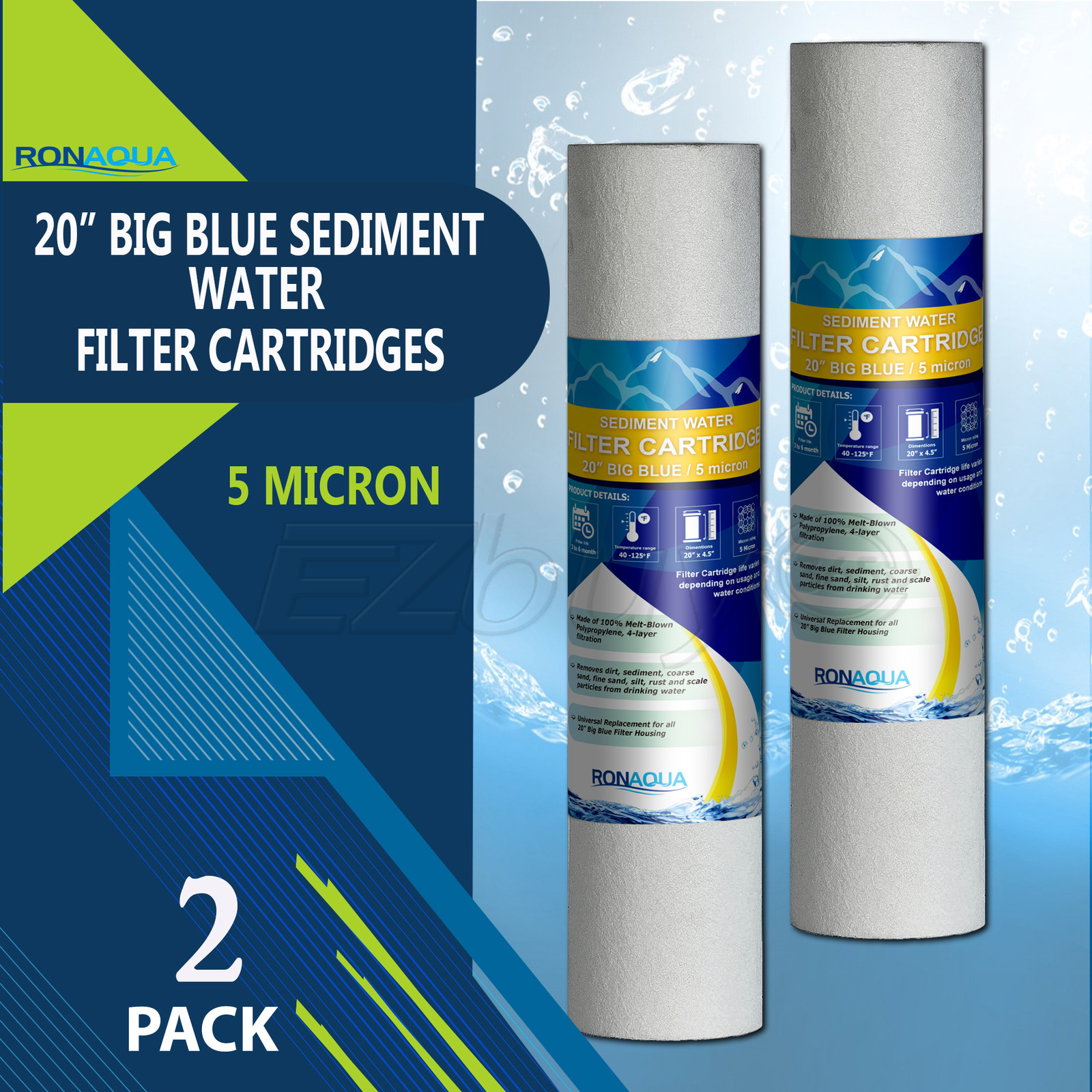 Big Blue Sediment Replacement Water Filters 5 Micron 4.5" x 20" Set of 2