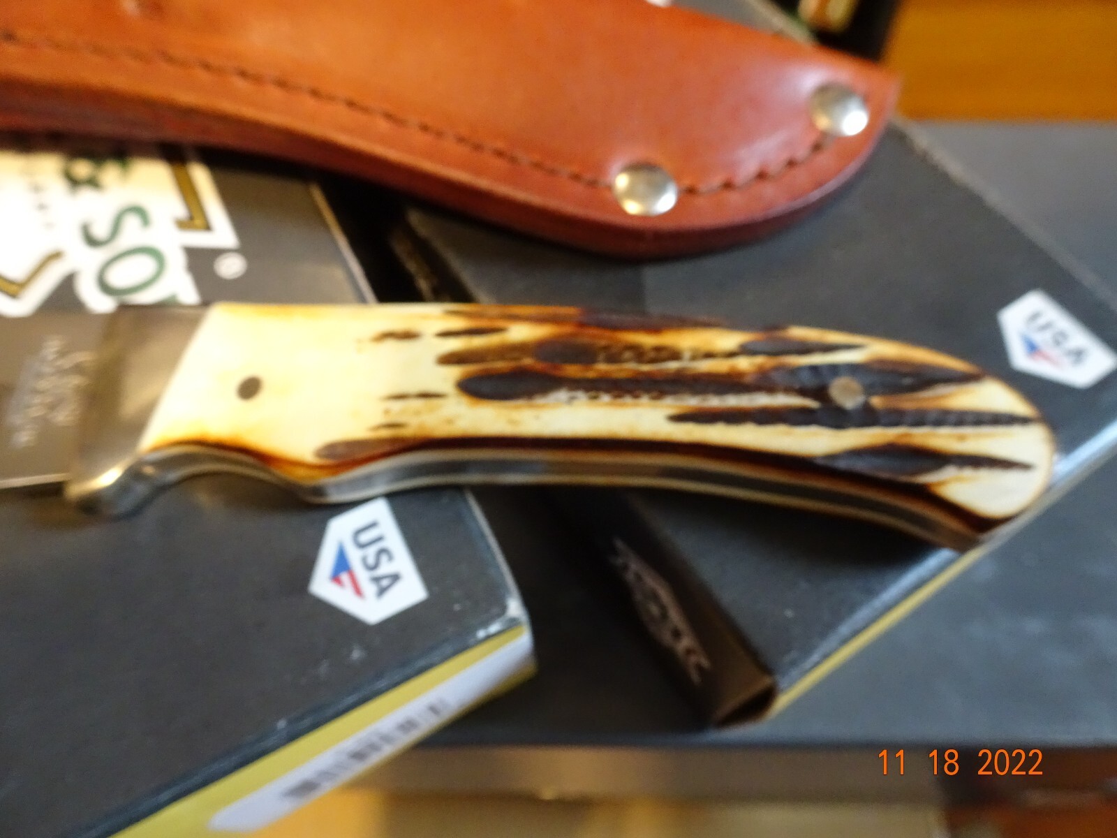 BEAR & SONS CUTLERY 7" DROP POINT HUNTER INDIA STAG BONE HANDLE LEA SH MADE USA