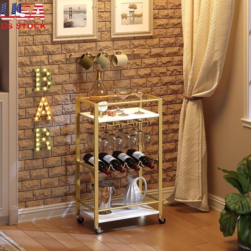 Mini Serving Cart Kitchen Beverage Bar Cart W/ Wine Rack Storage & Wheels Gold
