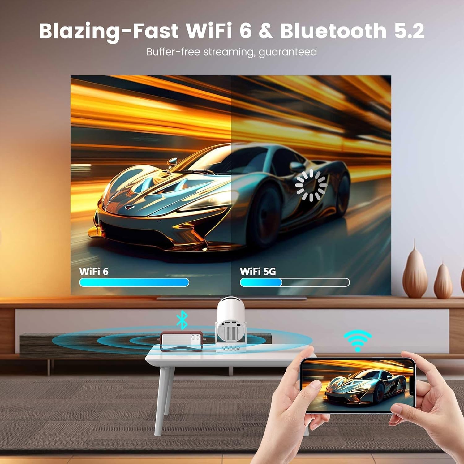 Eran Mini Projector: Bluetooth 5.4, WiFi6, and 360° Projection Flexibility