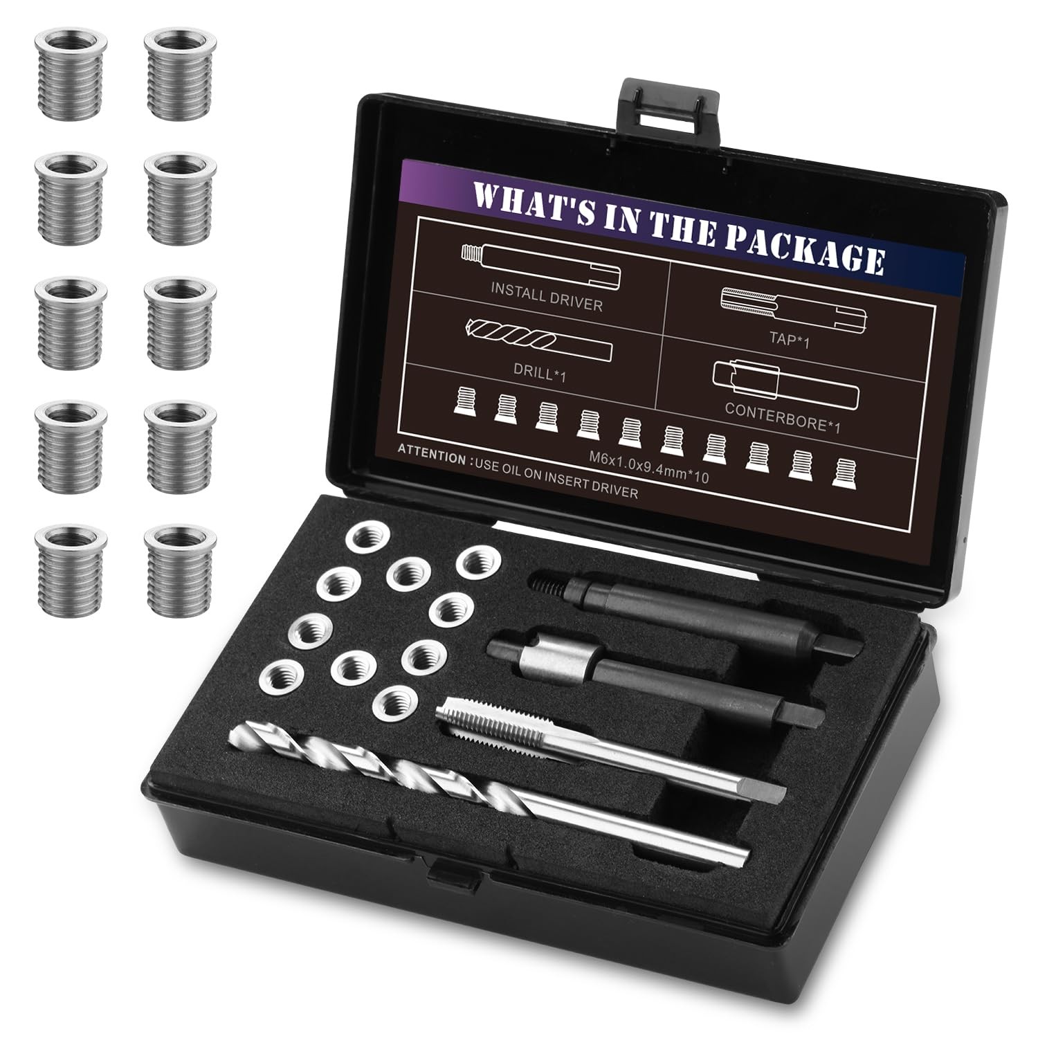 M6X1.0 Thread Repair Kit with 9.4mm Insert HSS Drill, Tap, Installation Drive...