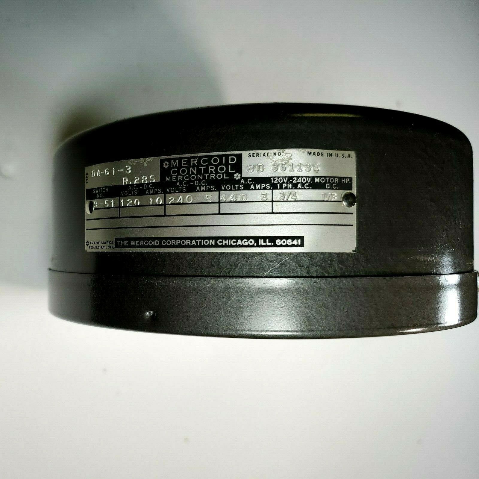 MERCOID CONTROL DA-61-3 RANGE 28S. 10" Vac. 75 Lbs. PRESSURE SWITCH