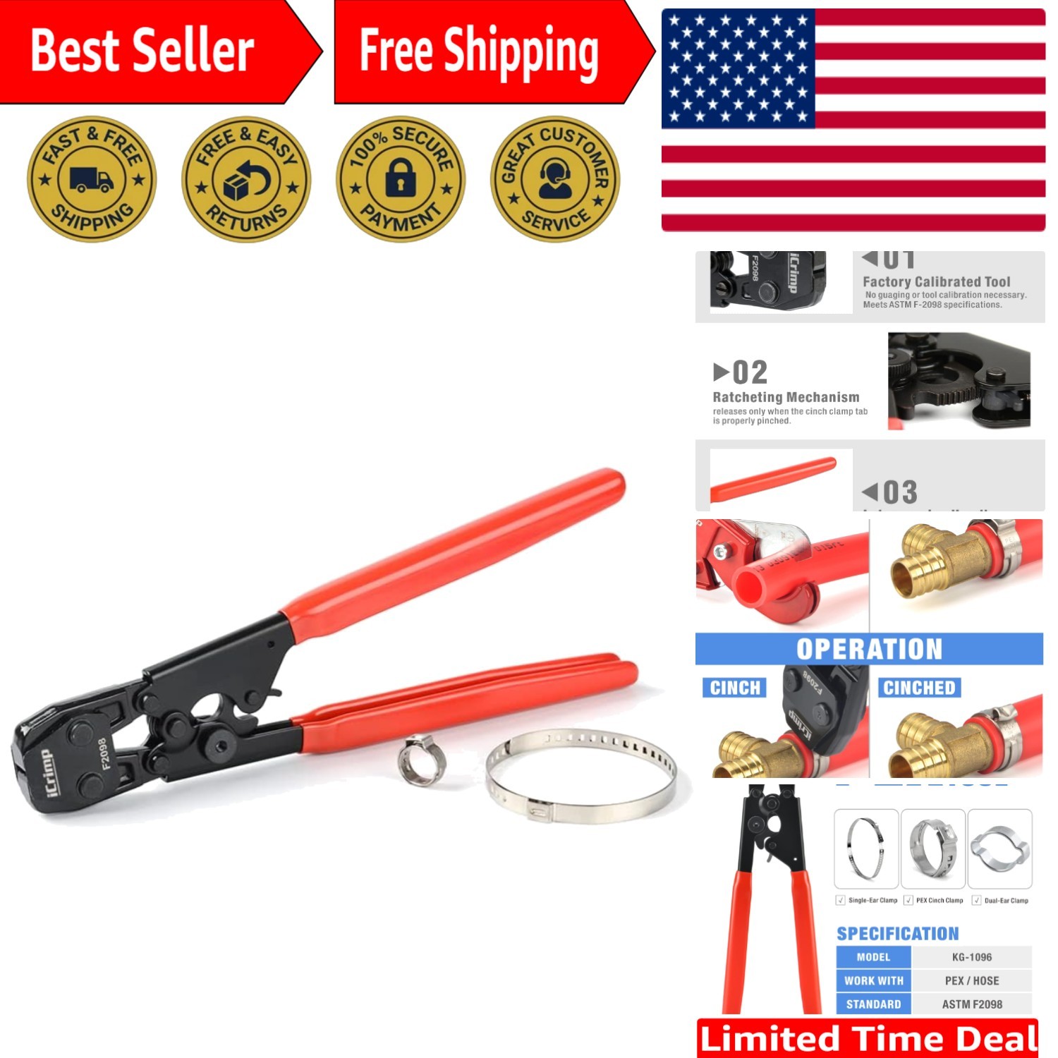 Ratcheting PEX Cinch Tool with Calibration Gauge for Easy Stainless Connections