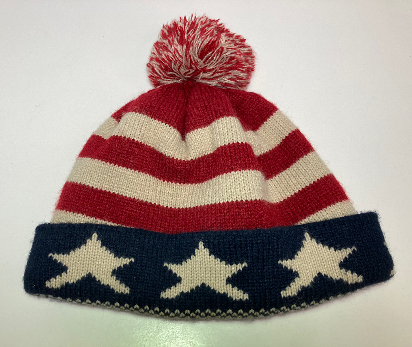 Beanie Hat Patriotic Blue Beige Stars Red Stripes USA Flag Theme Pom
