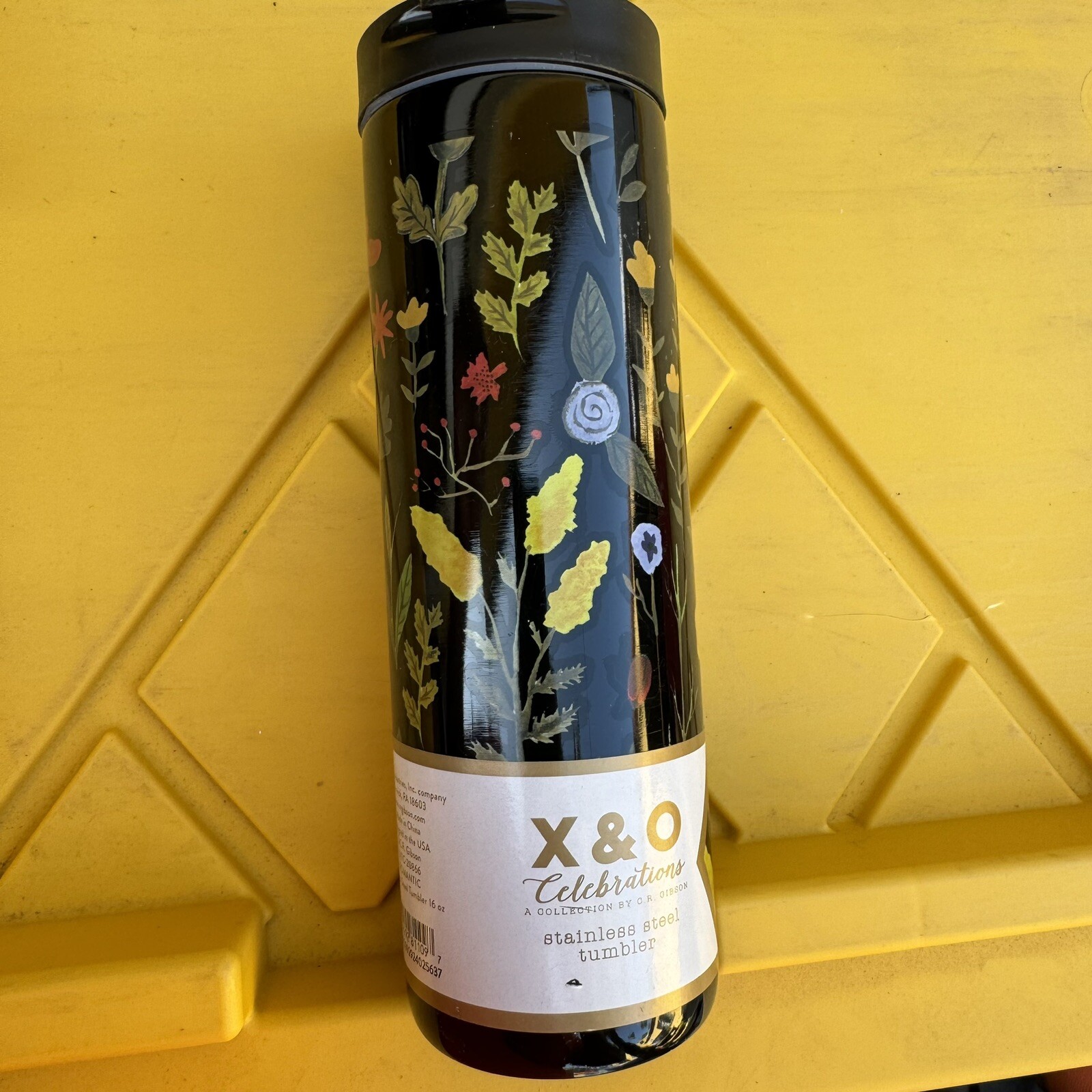 X & O CELEBRATIONS C. R. GIBSON STAINLESS STEEL TUMBLER BLACK FLORAL 16 OZ NEW
