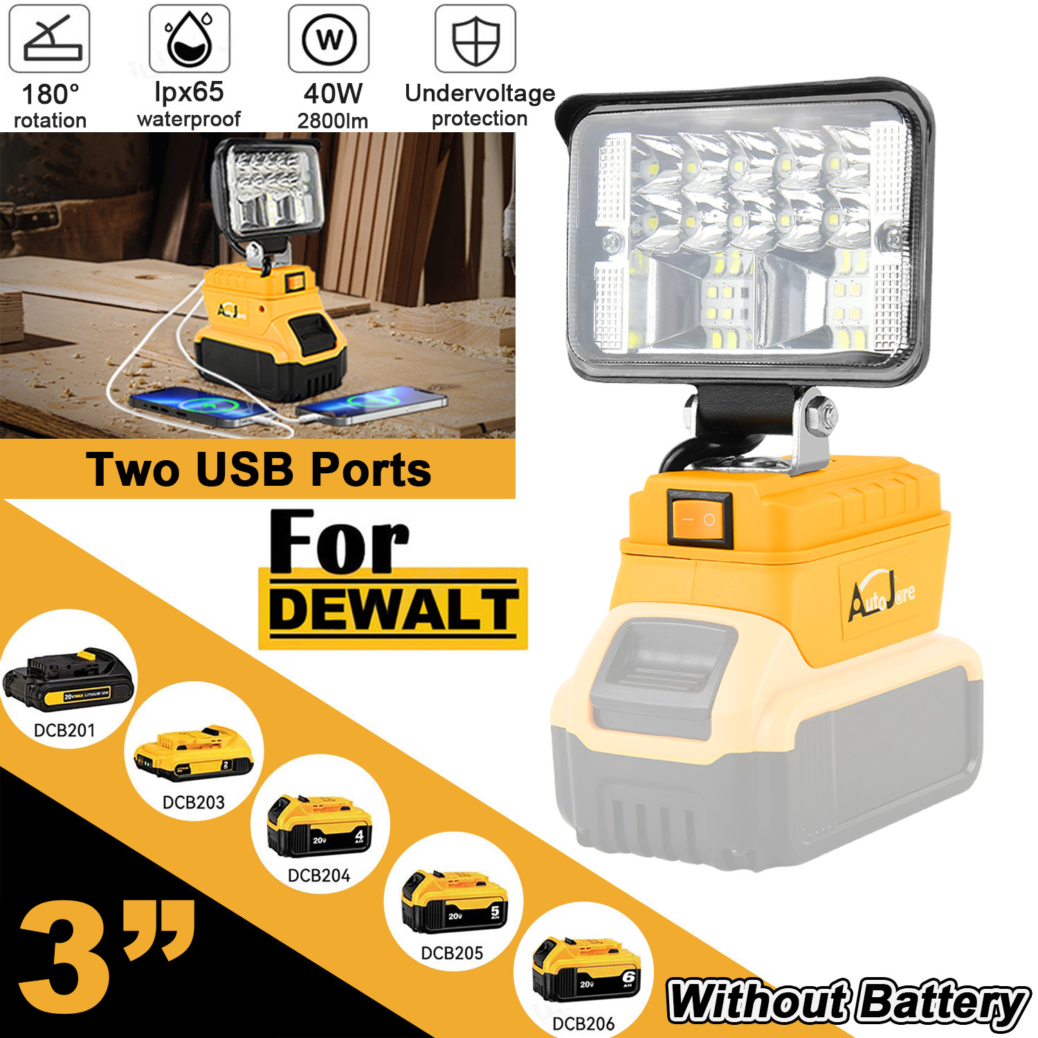Cordless Led Work Light For Dewalt 20V Battery,Portable Flood Light Flashlight