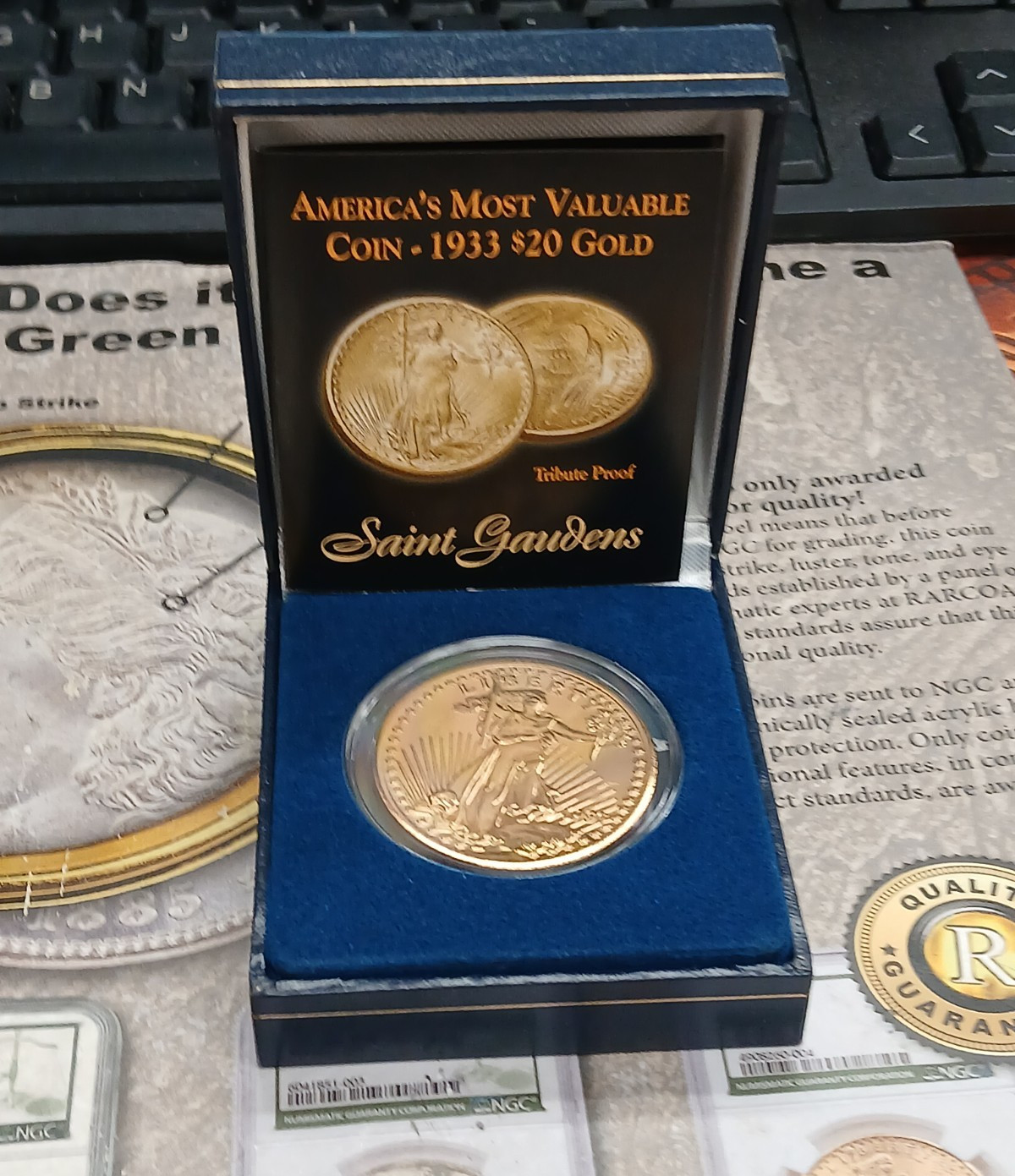 Tribute Proof 1933 Saint Gaudens $20 24k Gold Plated Proof coin with box   T-240