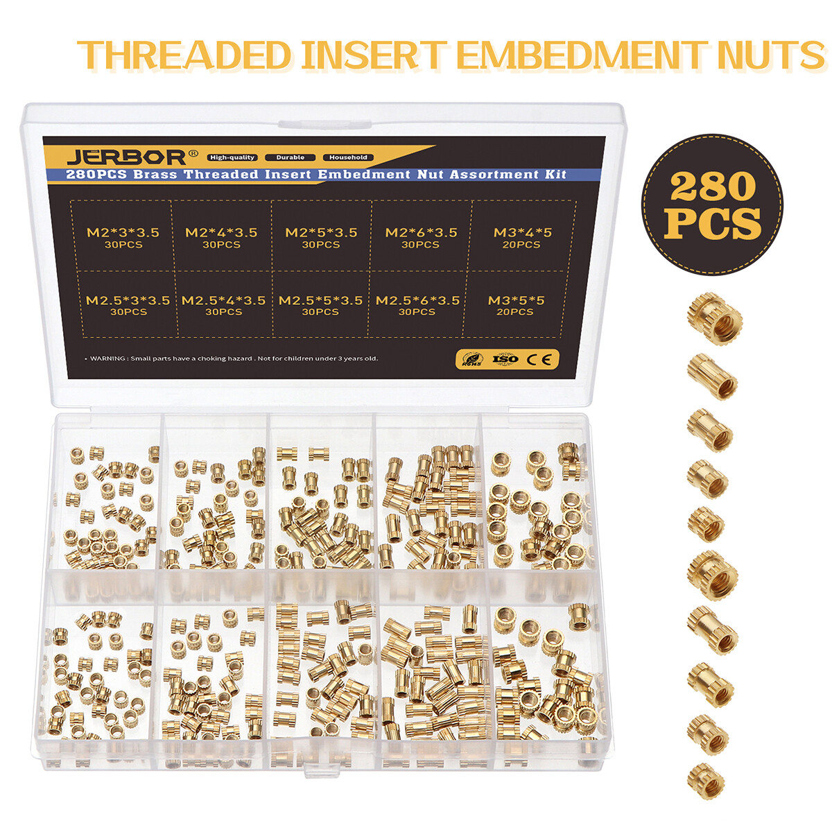 280 Pc M2 M2.5 M3 Female Thread Brass Knurled Threaded Insert Embedment Nuts Kit