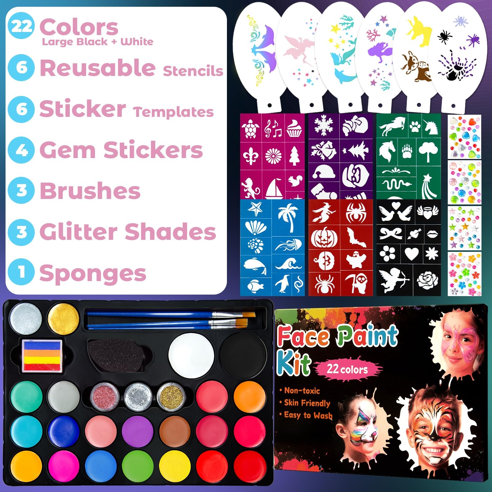Professional Face Painting Kit – 22 Colors Non-Toxic Face & Body Paints with ...