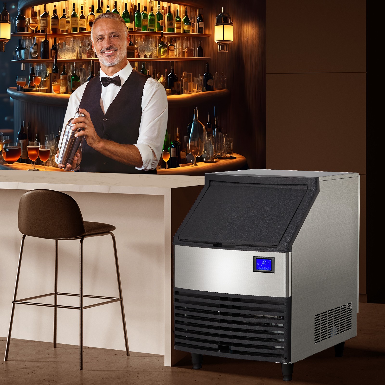 Commercial Ice Maker, Ice Maker Machine with 99lbs Storage Bin 176lbs/24 Hours