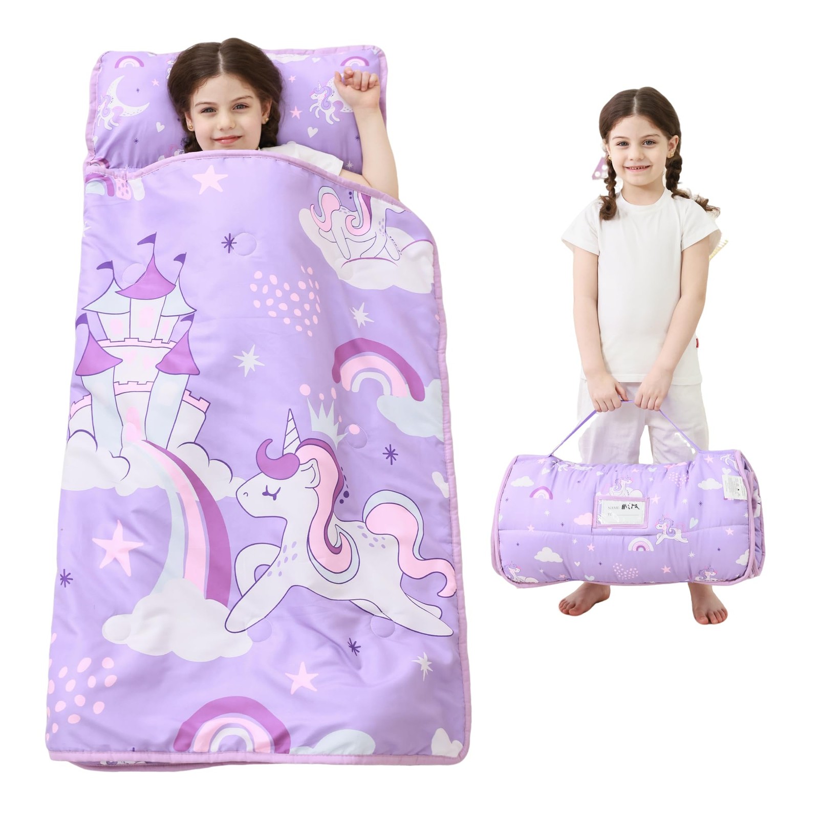 Lasoftan Toddler Nap Mat with Pillow and Blanket, 50 x 20", Purple Unicorn
