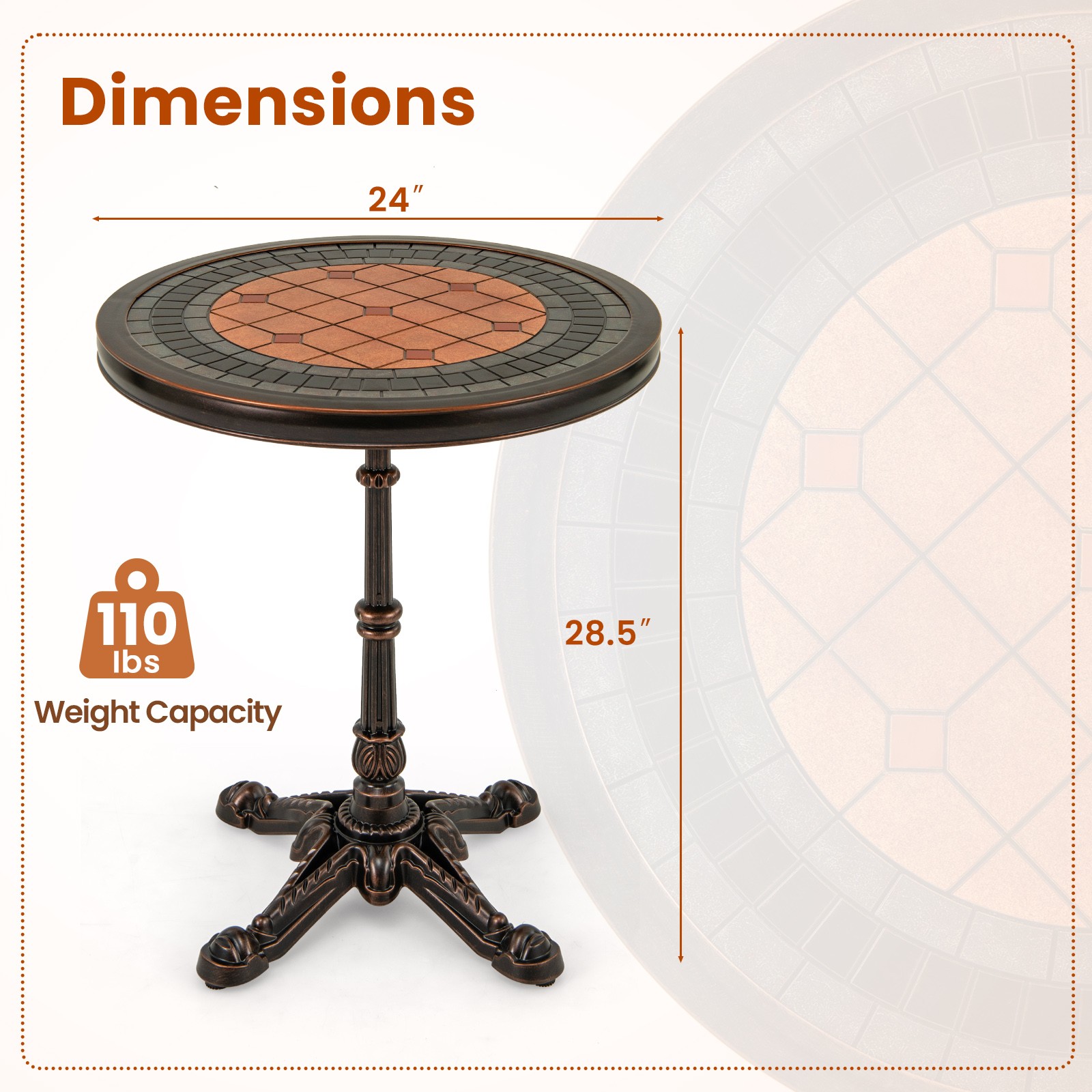 32" Patio Dining Table w/ 1.6" Umbrella Hole & Lid DPC Tabletop for Backyard