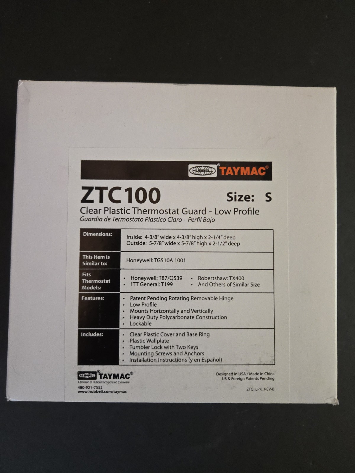 TayMac ZTC100 Clear Plastic Low Profile Locking Thermostat Cover, New Open Box