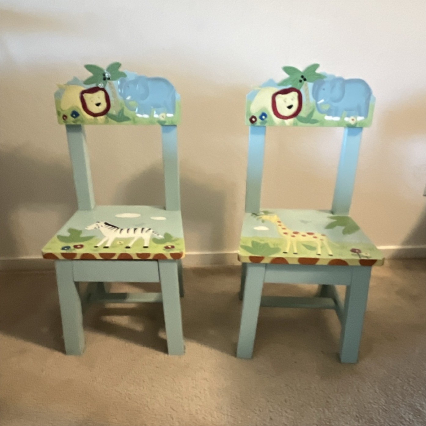 Hand-Painted Wooden Safari Animal Chairs Set of 2, Lion Elephant Zebra Giraffe