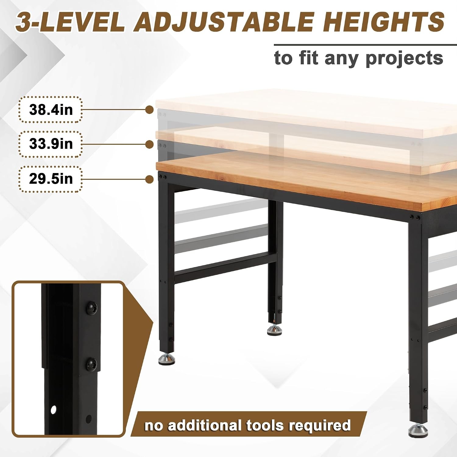 Height Adjustable Workbench 48"x 24" 2000 Lbs Capacity Solid Wood Work Station