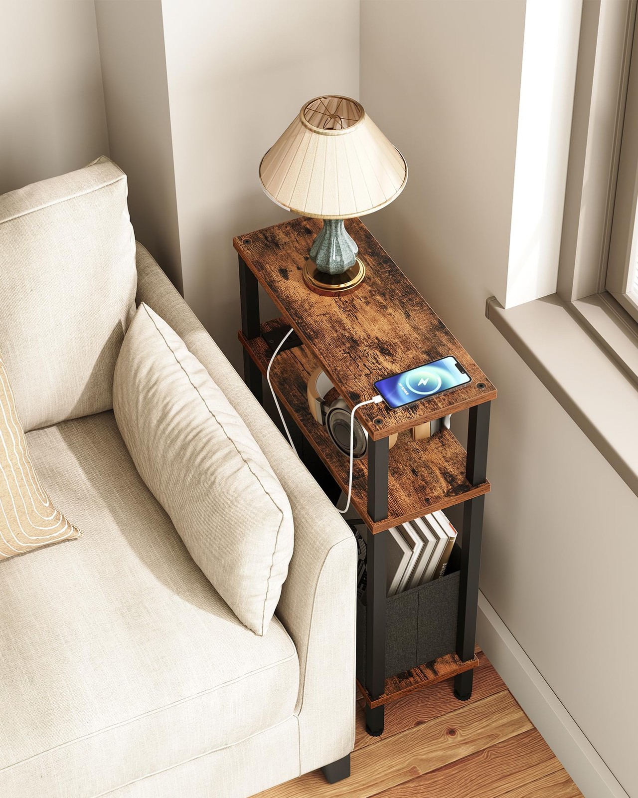 Small Narrow Side Table with Charging Station, Skinny End Table with Fabric B...