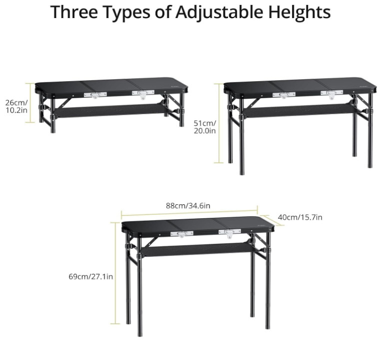 3ft Folding Aluminum Camping Table, Adjustable Height, Portable Outdoor Table