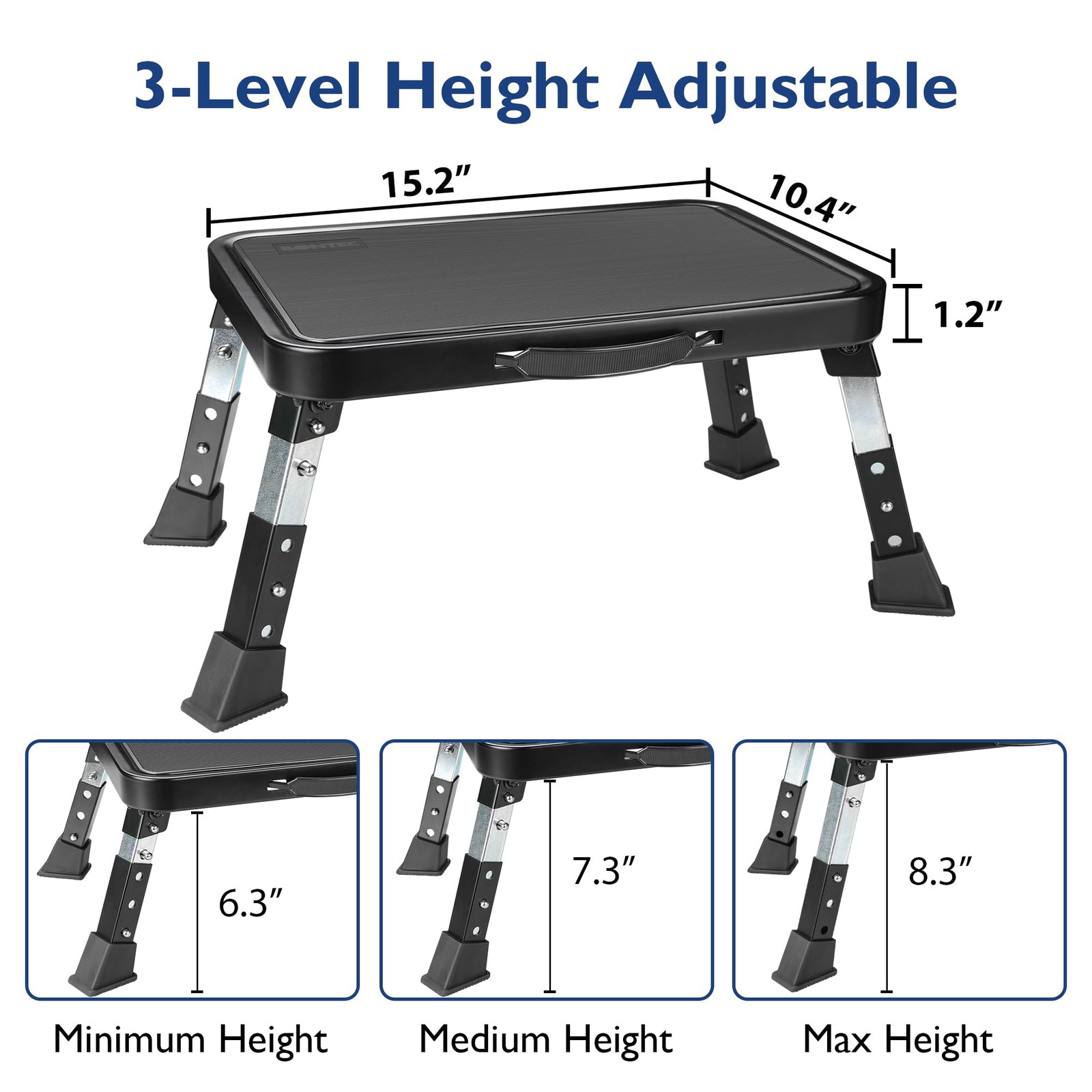 BONTEC Folding Step Stool, 3-Level Adjustable Metal 6.3-8.3 inch, Black