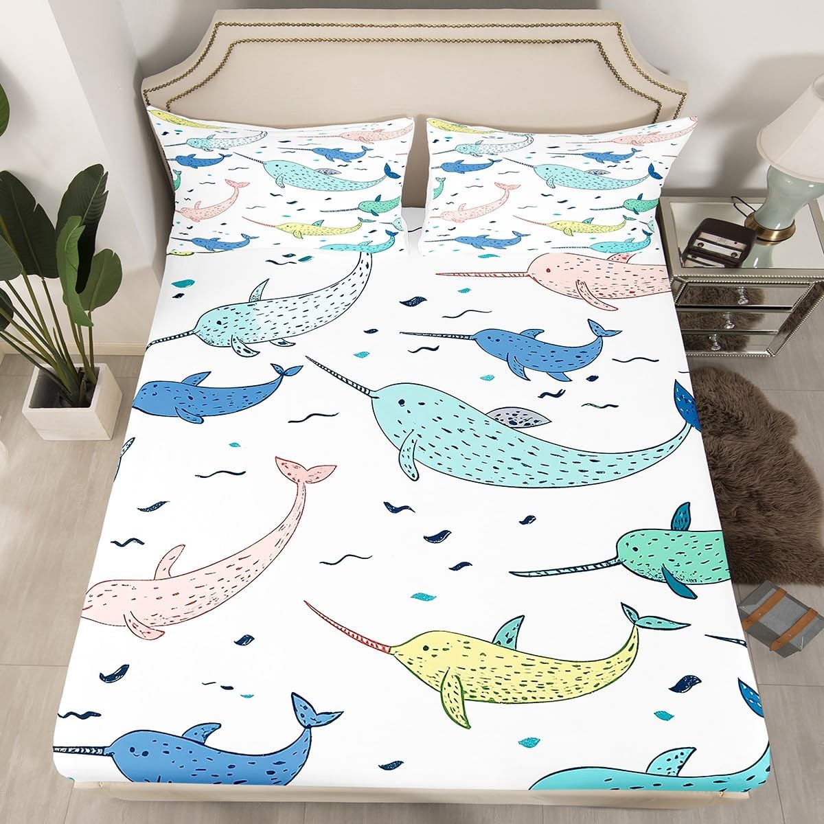 Narwhal Bedding Sets Ocean Whale Fitted Set Coastal Nautical Fitted Bed Sheet...