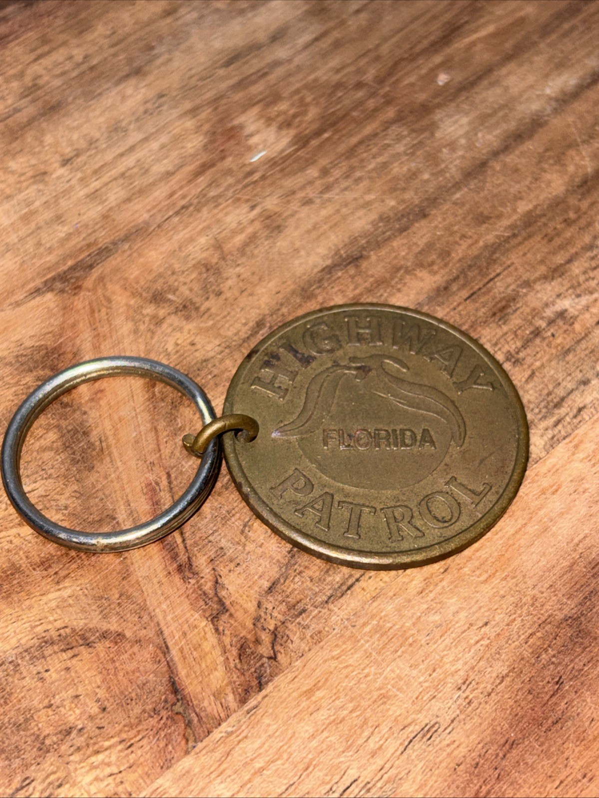 Florida Highway Patrol Round Brass Keyring - “Buckle Down”