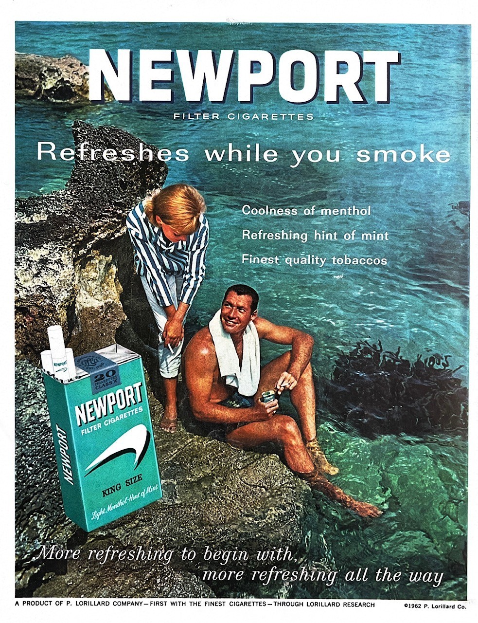 1962 NEWPORT CIGARETTES Genuine Vintage Print Ad Tobacco Lake Swimming Scene