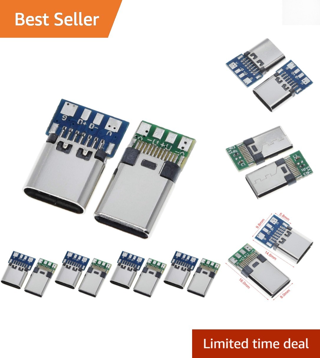 10PCS USB Type C Male/Female Connectors - 24P PCB Soldering Adapters