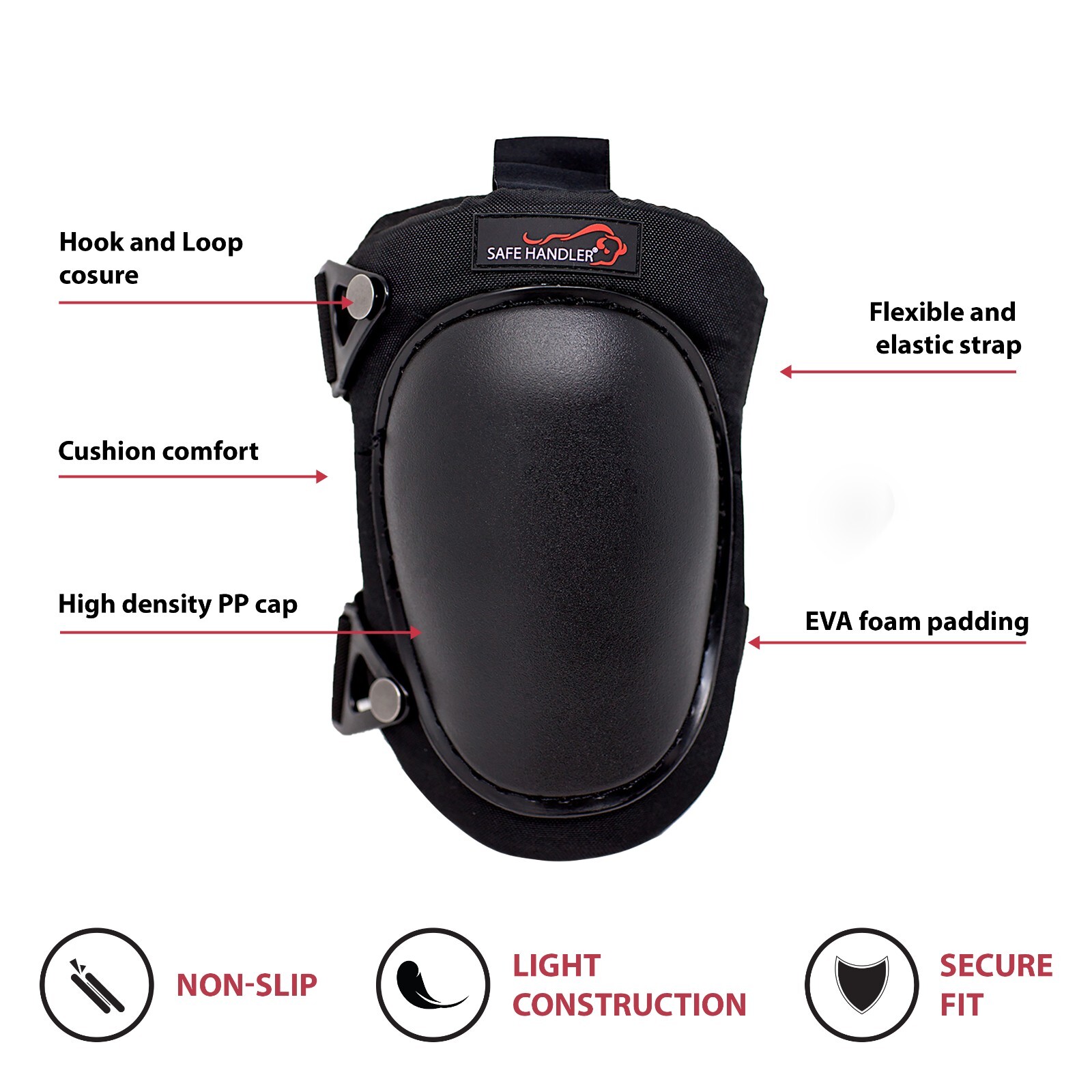 Professional Knee Pads with High Density PP Cap, Hook Closer, Black (1 Pair)
