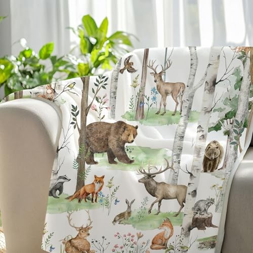 Rustic Forest Throw Blanket, Country Wild Animal Bear Deer 50" x 60" White