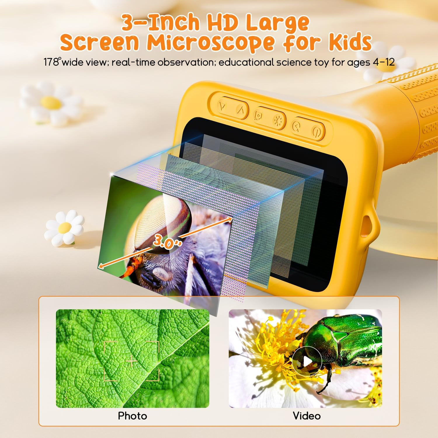 SKYBASIC Digital Microscope for Kids, 3" Screen 1000X Handheld Microscope HD Poc