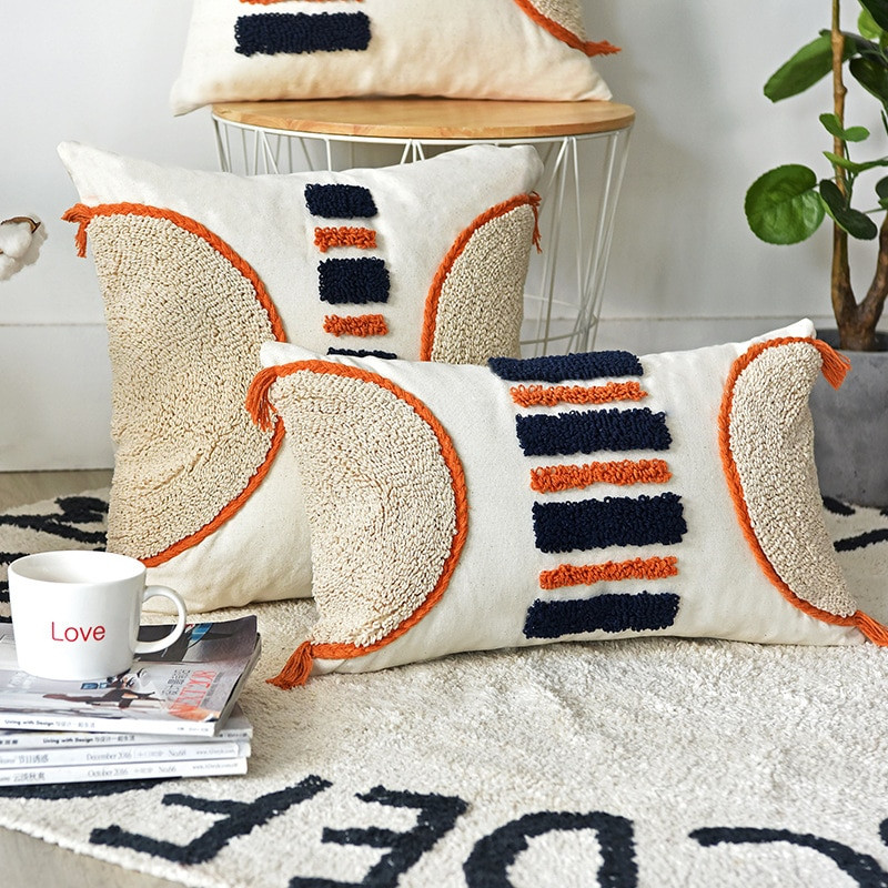 Handmade Moroccan Style Neutral Orange Nordic Boho Cushion Cover Cotton
