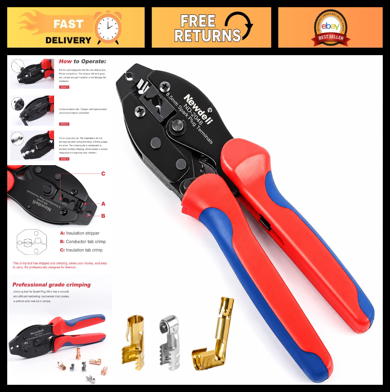 Spark Plug Wire Crimper Tool, Ratchet Crimping Pliers for 8.0-8.5mm Wires, Strip