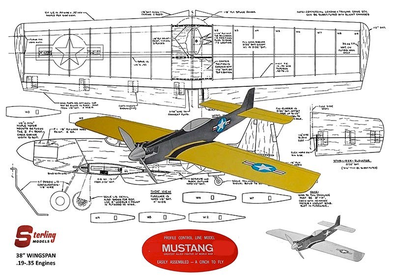Sterling Model Airplane Plans (UC): F-51 Mustang 38" Profile Stunt for .19-.35
