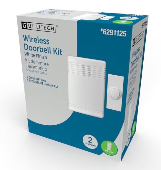 Rechargeable battery included-Utilitech Wireless Doorbell Kit–2 Chimes – New!