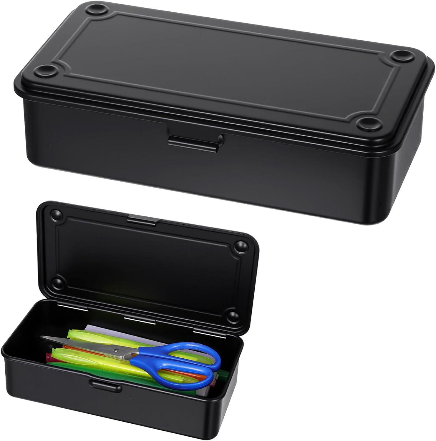2 Pack Steel Storage Box with Hinged Lid, 7.9 X 4 X 2 Inch Metal Container for S