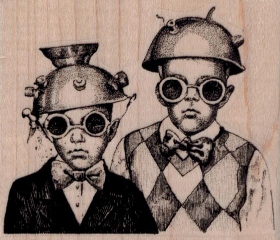 Kids in Futuristic Hats 3 x 2 1/2" Rubber Stamp, People Stamp, KidsStamp