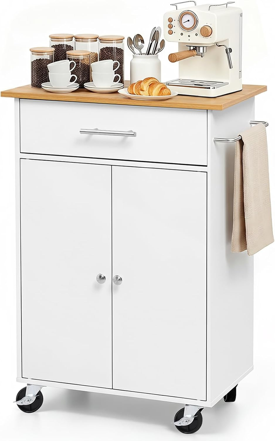 Mobile Kitchen Island Cart with Storage, Drawer & Towel Rack - White