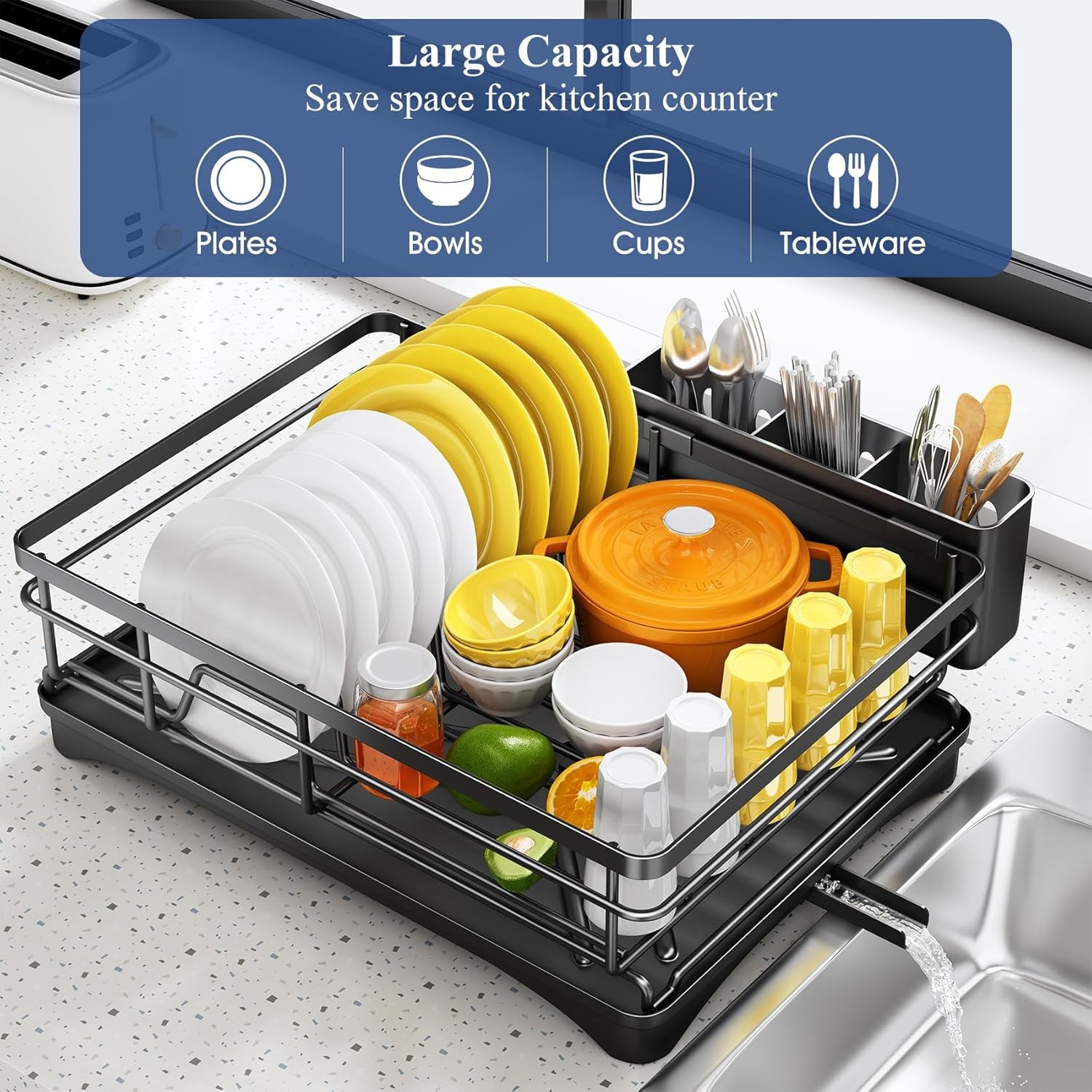 Large Dish Rack with Drainboard, Rustproof Dish Drainer , Black