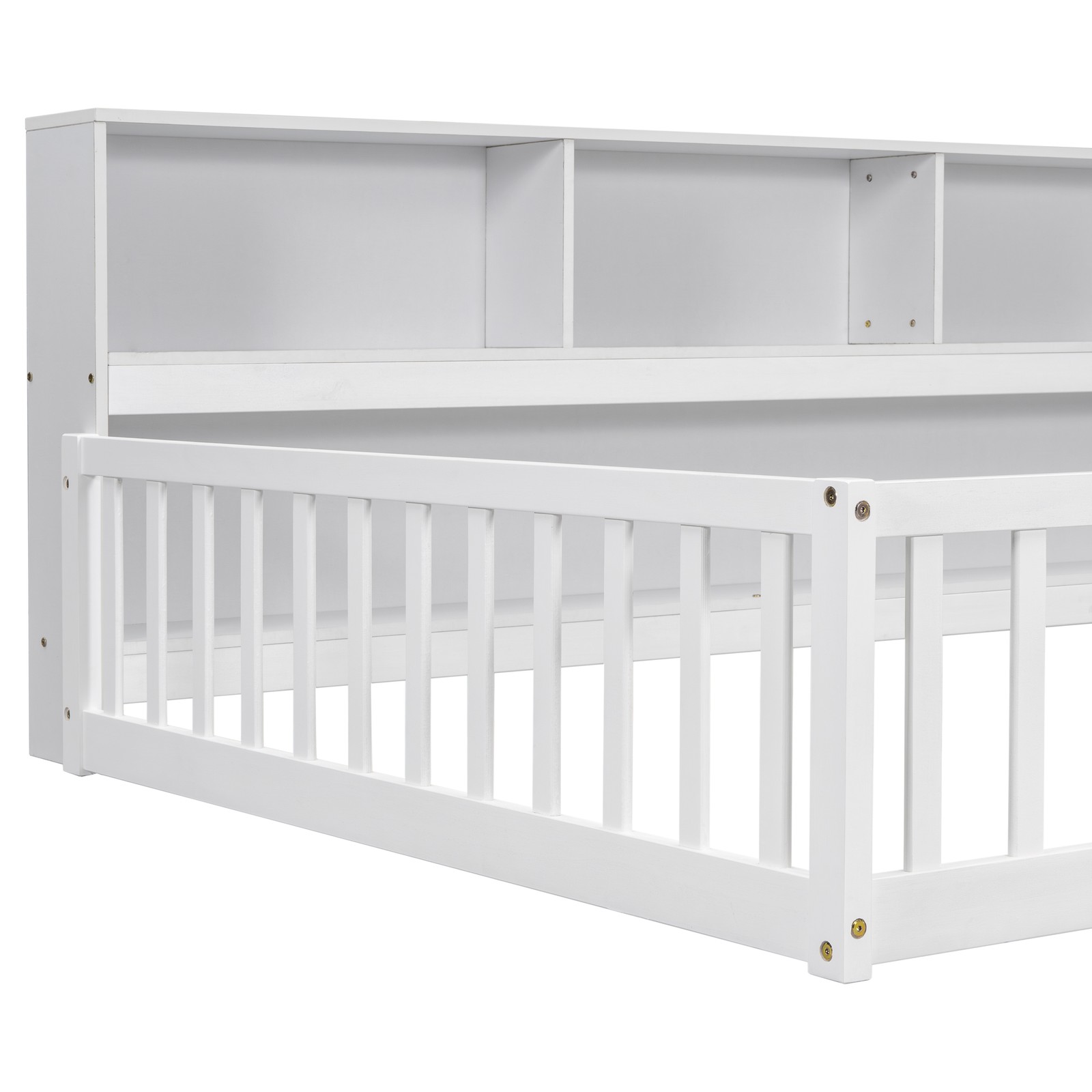 Full Size Floor Bed w/ Bookcase & Guardrails, White, Sturdy Pine Frame